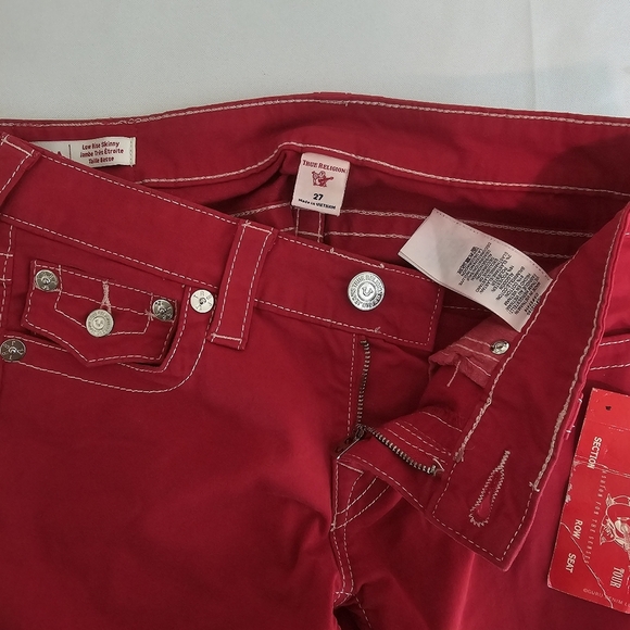 True Religion Stella Low Rise Skinny Jeans Size 27 Red Stretch Denim Logo Pocket - Picture 11 of 16